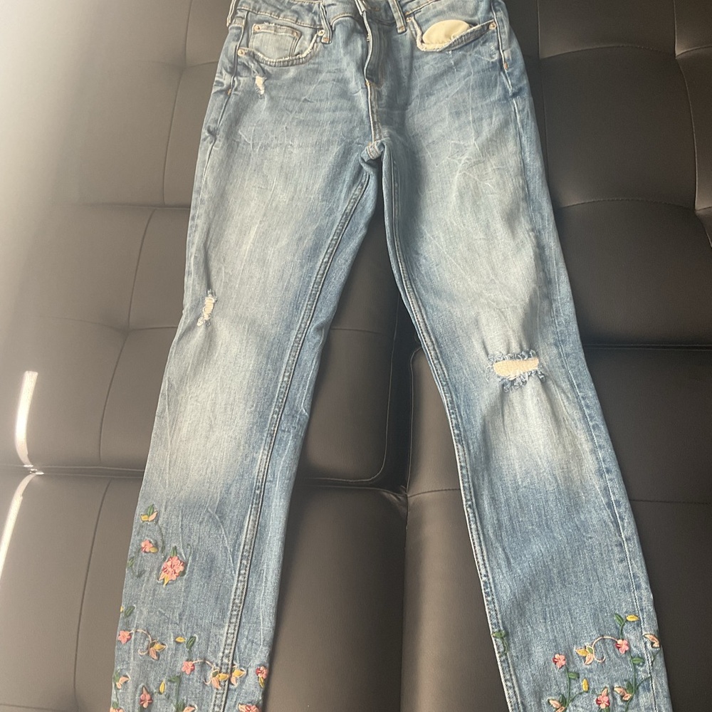 Zara Light Blue Embroidered Straight Leg Jeans
